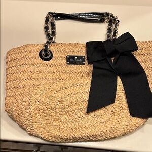 Kate Spade Natural Woven Tote with Black Bow